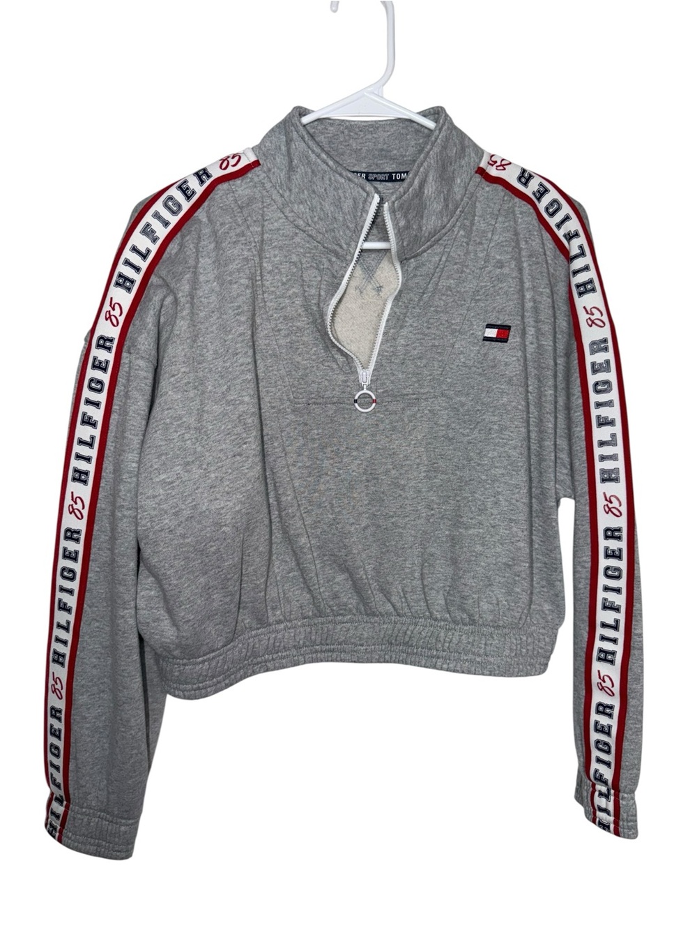 Tommy Hilfiger Gray Cropped Quarter-Zip Sweatshirt with Red & White Trim